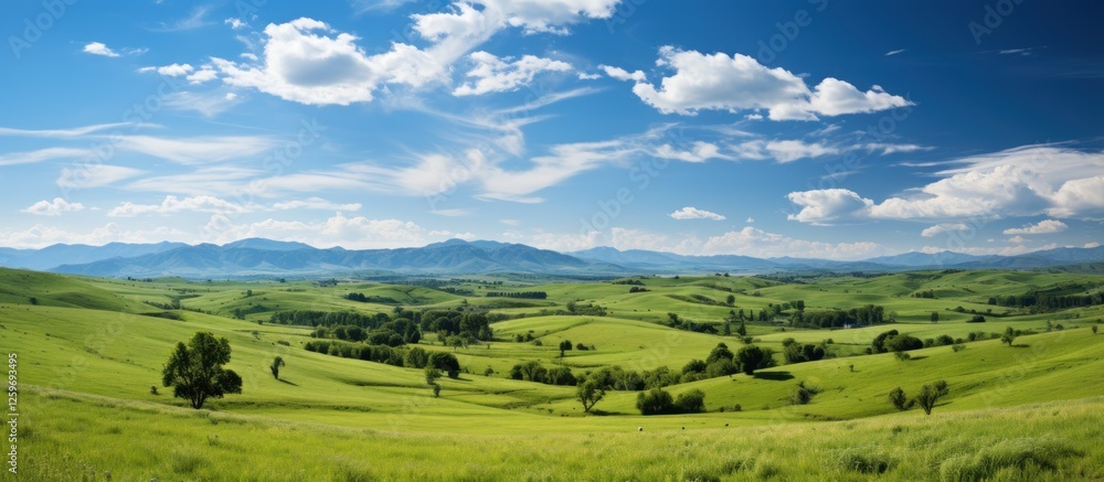 Fototapeta premium Lush Green Landscape Under Bright Blue Sky with White Clouds
