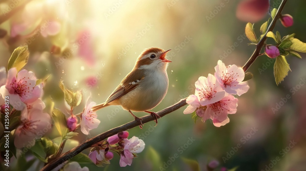 Spring's Serenade, A Bird's Joyful Song Amidst Blooming Cherry Blossoms Spring's Serenade, A Bird's Joyful Song Amidst Blooming Cherry Blossoms