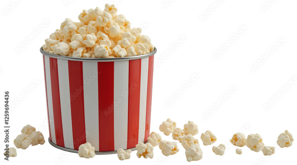 Popcorn in striped container spilling onto surface, transparent background png Popcorn in striped container spilling onto surface, transparent background png
