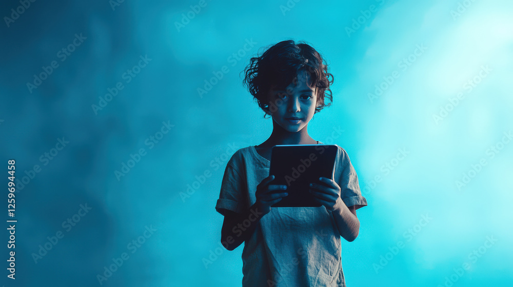 A little boy holds a tablet in his hands. Parental control. The harm of modern technology for children. The feeling of surprise and excitement when a kid explores the digital world A little boy holds a tablet in his hands. Parental control. The harm of modern technology for children. The feeling of surprise and excitement when a kid explores the digital world