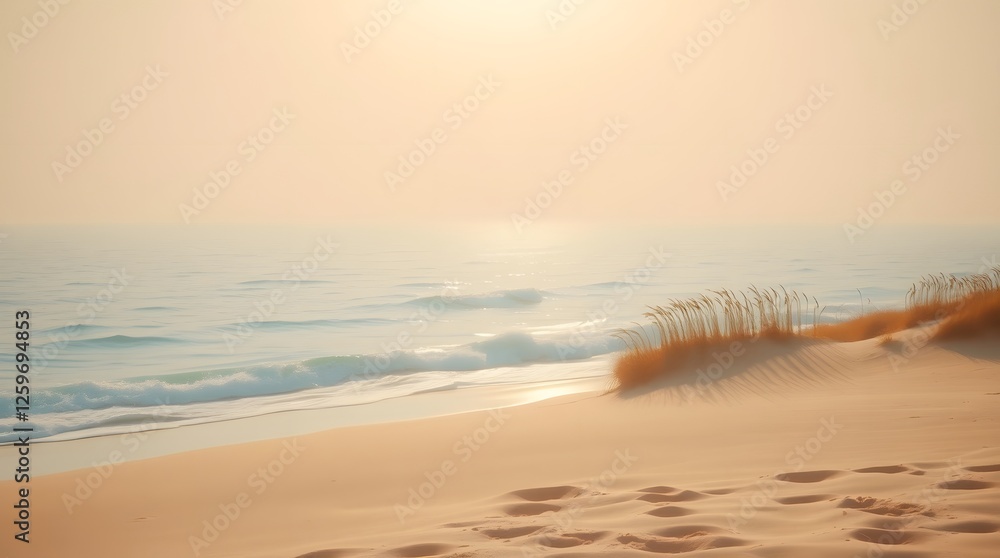 Obraz premium Coastal Beach Landscape with Footprints at Sunrise and Grass