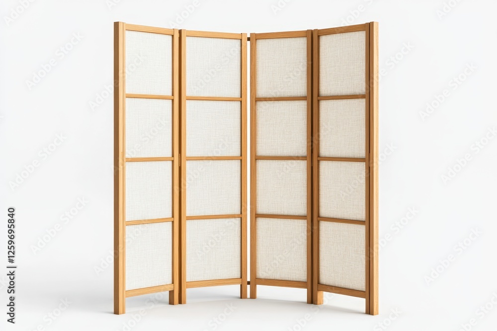 Light Wood Room Divider, White Fabric Panels, Empty Space, Interior Design Light Wood Room Divider, White Fabric Panels, Empty Space, Interior Design