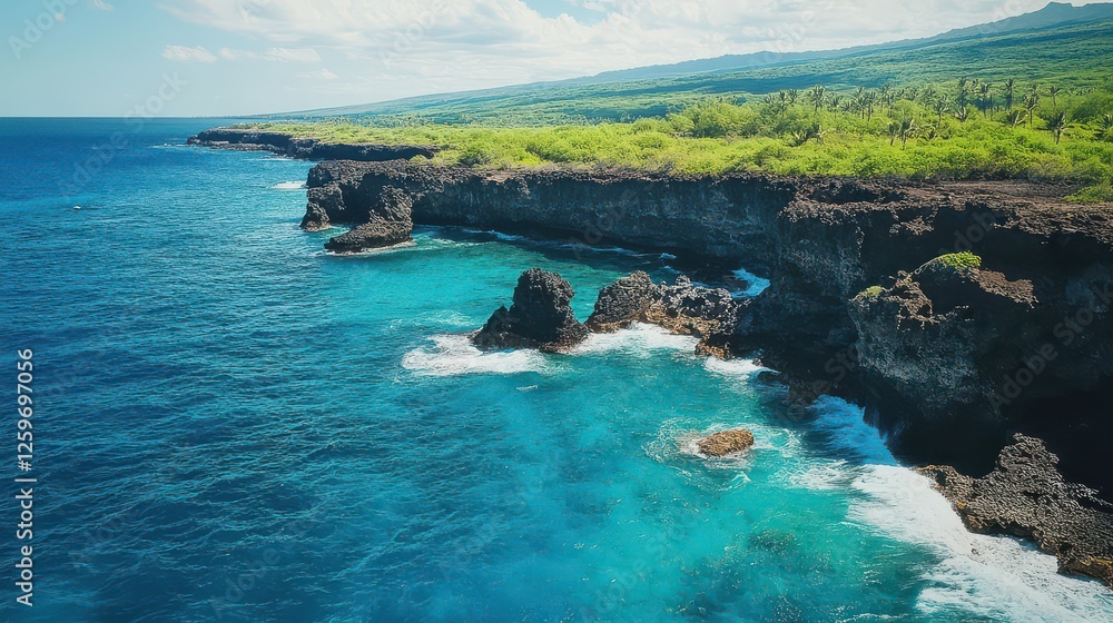 Fototapeta premium Serene Coastal Landscape with Turquoise Waters and Rocky Cliffs