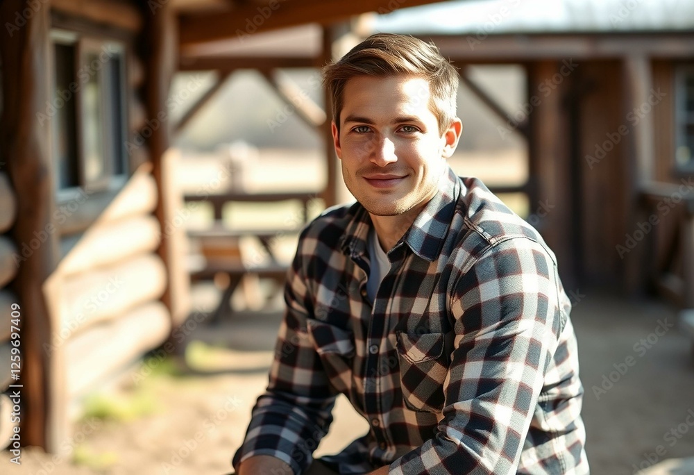 Obraz premium Male person in flannel shirt, outdoor setting