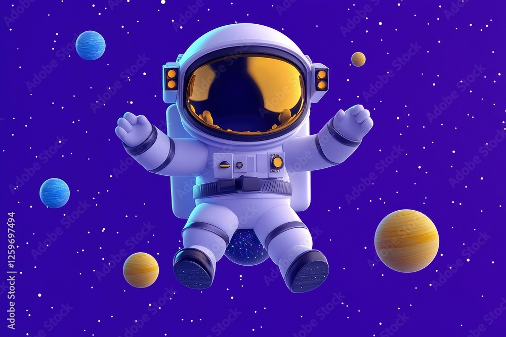 Cute Astronaut Floating in Space Amongst Planets Cute Astronaut Floating in Space Amongst Planets