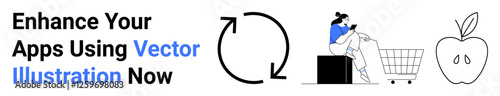 Woman seated with smartphone near shopping cart and minimalist apple icon. Circular arrows suggest sustainability, digital interaction, and e-commerce. Ideal for retail, apps, technology