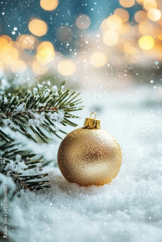 Christmas Background with Golden Decorations and Snow.