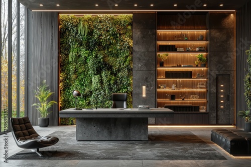 Modern workspace with floating concrete desk and green wall office interior design urban environment contemporary concept