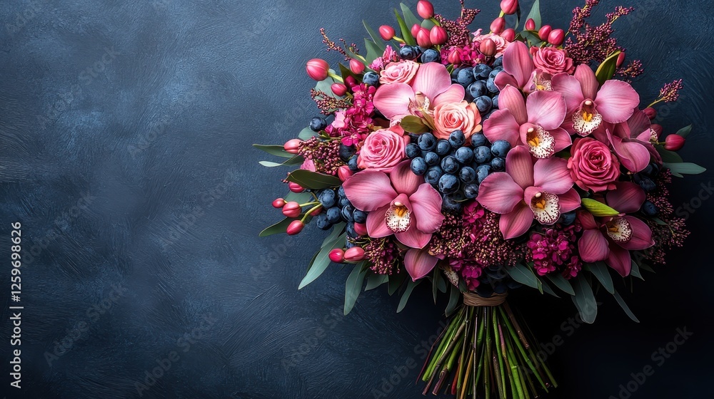 Luxurious pink orchid and rose bouquet, dark background, floral arrangement, wedding design Luxurious pink orchid and rose bouquet, dark background, floral arrangement, wedding design