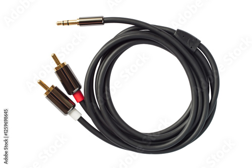 Cable 3.5 mm minijack - 2RCA stereo on a white background. Hi-Fi cable isolated.