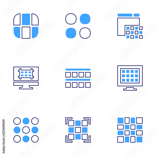 Grid icon set. Bold line style. Duotone colors. Editable stroke. menu, grid