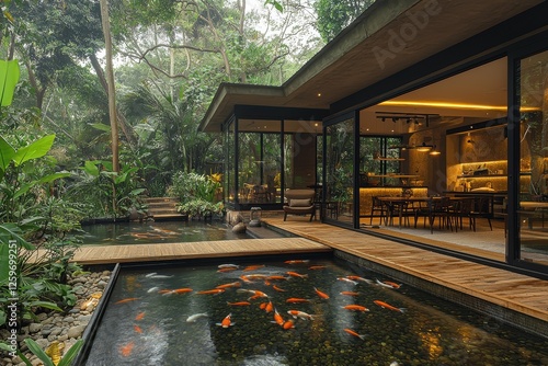 Indoor koi pond and open atrium home modern architecture serene environment nature-inspired contemporary design