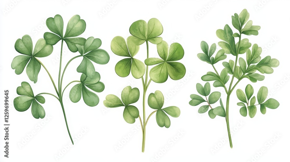 A detailed illustration of various green clover leaves showcasing their unique shapes and textures A detailed illustration of various green clover leaves showcasing their unique shapes and textures