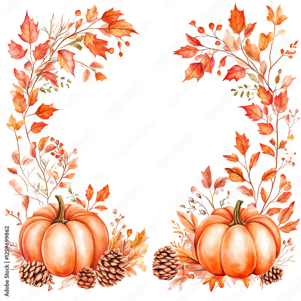 Naklejka premium Watercolor Thanksgiving Frame with Pumpkins and Autumn Leaves