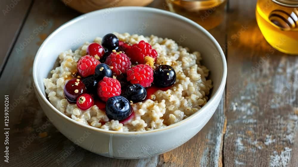 Colorful bowl of oatmeal topped with fresh berries and honey Colorful bowl of oatmeal topped with fresh berries and honey