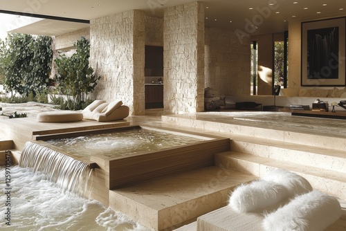 Indoor waterfall retreat spa modern architecture tranquil environment luxurious viewpoint relaxation concept