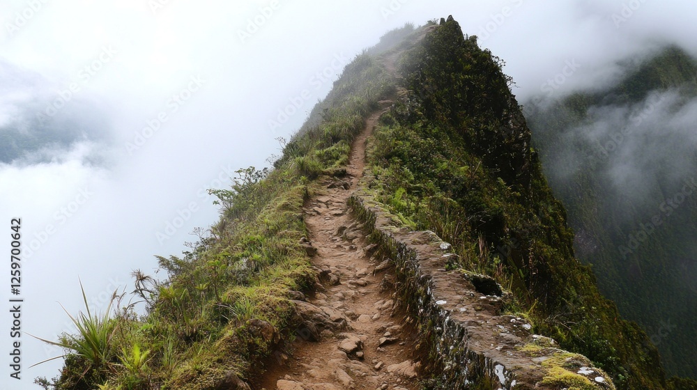 Path to the Summit, A Misty Mountain Ridge Adventure Amidst Lush Greenery Path to the Summit, A Misty Mountain Ridge Adventure Amidst Lush Greenery