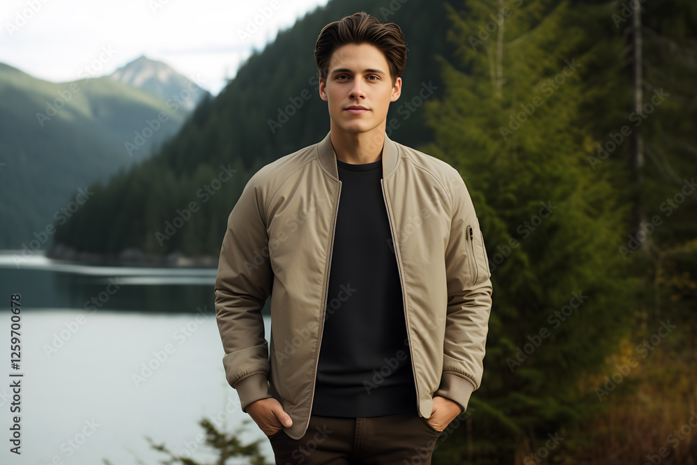 Grey bomber jacket mockup with young man in the woods Grey bomber jacket mockup with young man in the woods