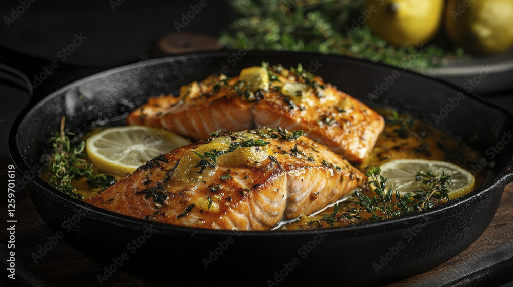 Fresh salmon fillets cooked in cast iron pan with lemon and herbs, creating delicious and aromatic dish. Perfect for healthy meal or dinner party Fresh salmon fillets cooked in cast iron pan with lemon and herbs, creating delicious and aromatic dish. Perfect for healthy meal or dinner party