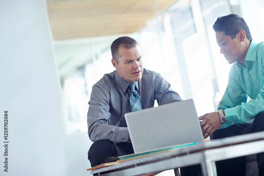 Men, laptop and project meeting for human resources in office, policy briefing and company introduction. Online, discussion and collaboration with onboarding recruitment process, support and teamwork Men, laptop and project meeting for human resources in office, policy briefing and company introduction. Online, discussion and collaboration with onboarding recruitment process, support and teamwork