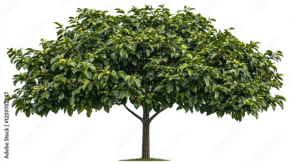 Obraz premium A large, leafy tree with a broad canopy and a sturdy trunk, showcasing vibrant green foliage against a white background.