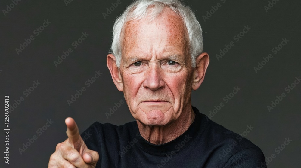 Serious Elderly Man Pointing Directly at the Viewer with an Intense Expression Serious Elderly Man Pointing Directly at the Viewer with an Intense Expression