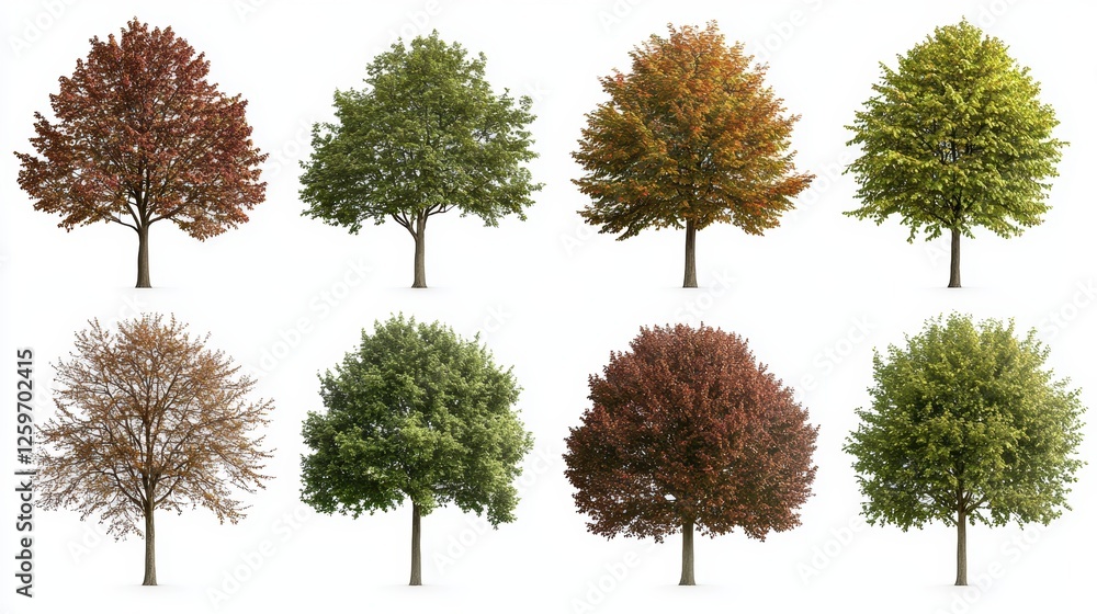 Fototapeta premium A collage of eight trees showcasing different seasonal colors and foliage, representing the beauty of nature's changing landscapes.