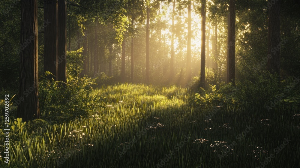 Fototapeta premium Sunlight filtering through the trees in a serene, lush forest scene