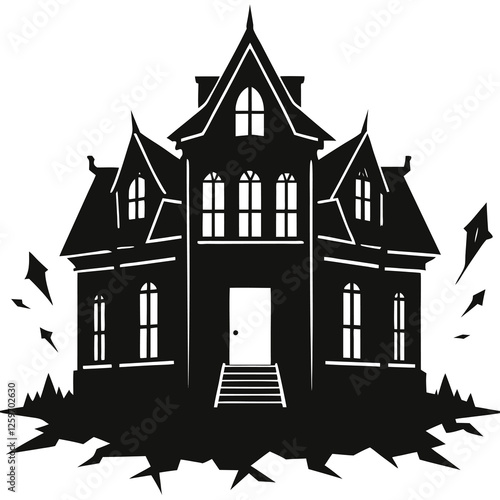 silhouette of abandoned mansion with broken windows