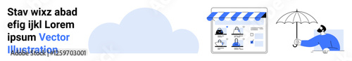Cloud icon, e-commerce storefront with product images and umbrella providing protection. Ideal for online shopping, cloud computing, cybersecurity, digital marketing, web hosting, e-commerce