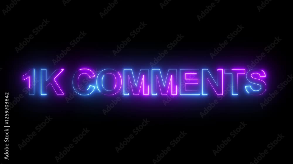 1K Comments animation with reflections on a black background. Simple seamless loop animated text. 1k typography motion Comment Neon Text advertisement promo animation video with dark background. 