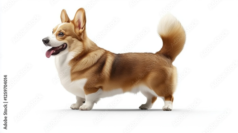 Playful Corgi Dog Standing Proudly With Tail Waving Against A White Background Playful Corgi Dog Standing Proudly With Tail Waving Against A White Background