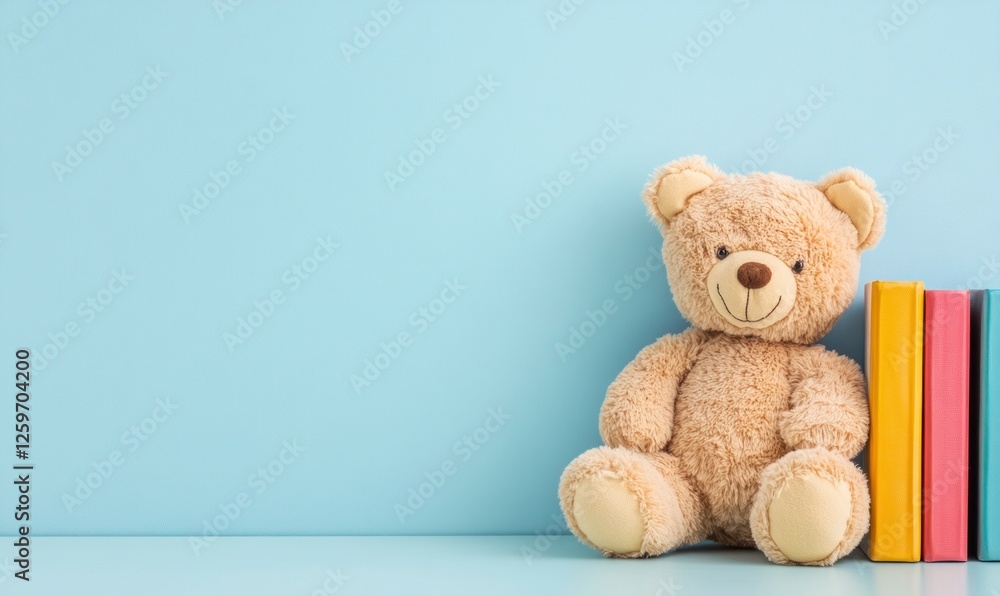 Fototapeta premium teddy bear sitting next to colorful books on the right side, against a light blue background. Web banner with copy space in the bottom left corner.