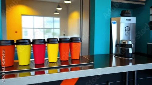 Wallpaper Mural Coffee Break Essentials: A vibrant row of colorful reusable coffee mugs rests on a sleek counter, invitingly placed beside a coffee machine in a modern office setting. Torontodigital.ca