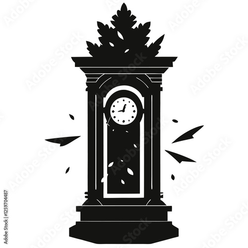 silhouette vector of broken grandfather clock stuck at midnight