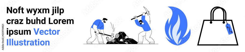 Workers breaking rocks with tools, abstract flame in blue, and a shopping bag with a hanging tag. Ideal for labor, energy, shopping, hard work, productivity, abstract concepts flat landing page Workers breaking rocks with tools, abstract flame in blue, and a shopping bag with a hanging tag. Ideal for labor, energy, shopping, hard work, productivity, abstract concepts flat landing page