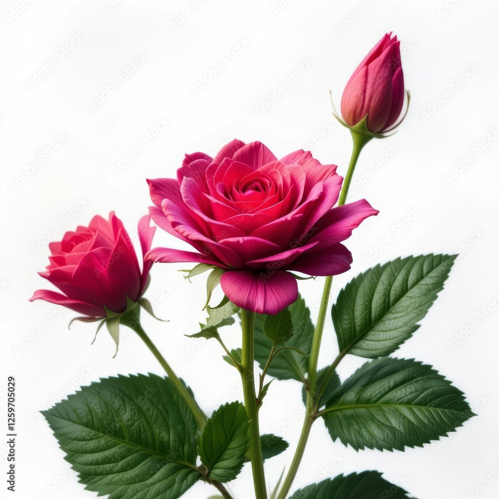 Fototapeta premium Pink roses and green leaves on stem