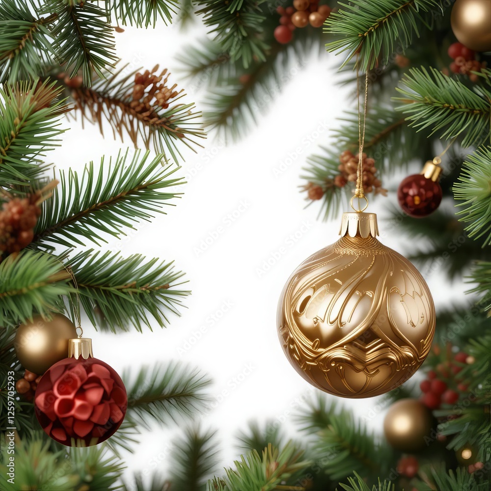 Fototapeta premium Ornate gold and red Christmas ornaments on tree branches