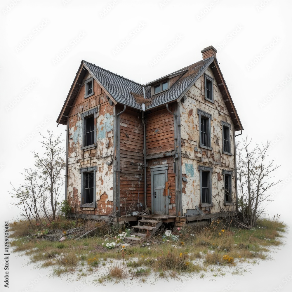 Obraz premium Derelict wooden house overgrown with weeds