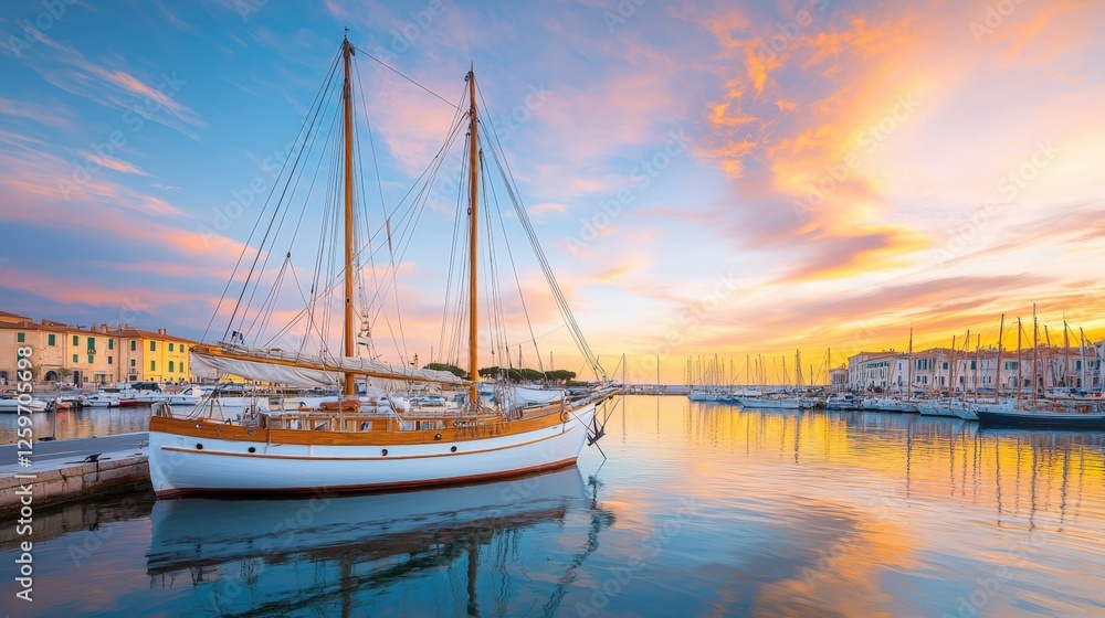 Mediterranean, harbor, tradition, A serene sunset view of a traditional sailboat docked in a calm harbor, surrounded by beautiful reflections and colorful skies. Mediterranean, harbor, tradition, A serene sunset view of a traditional sailboat docked in a calm harbor, surrounded by beautiful reflections and colorful skies.