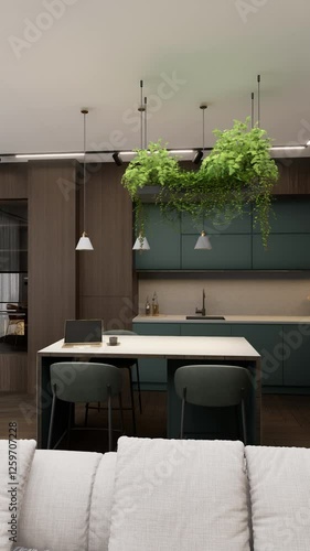 Luxurious modern kitchen design featuring a kitchen island, built-in appliances, and hanging greenery 3D-rendered animation of an elegant and stylish cooking area.