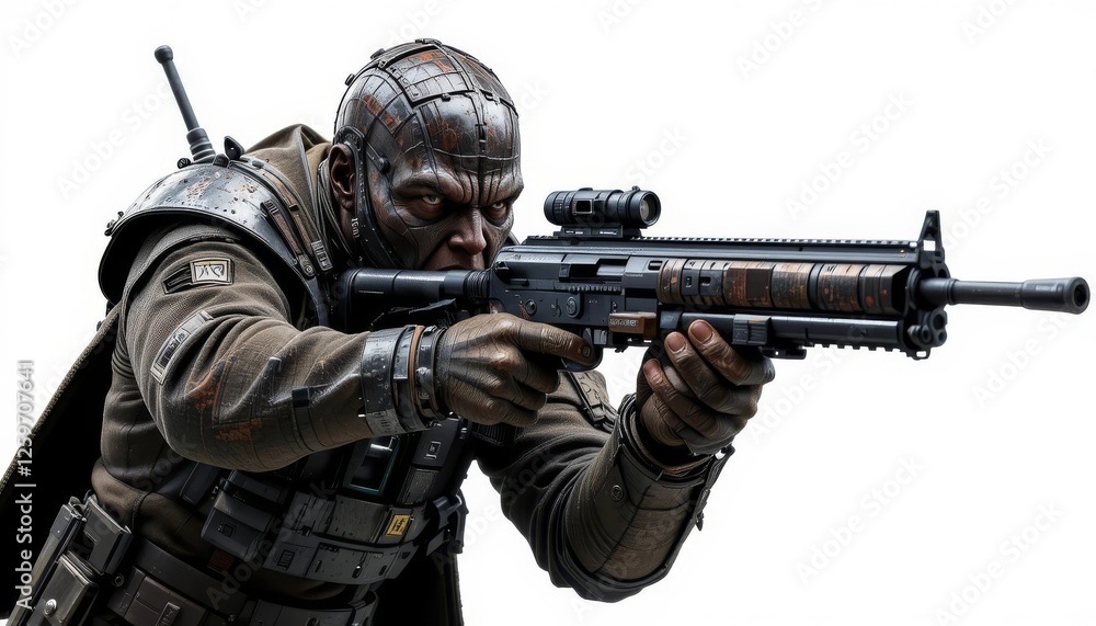 Futuristic Soldier Aiming Advanced Weaponry Futuristic Soldier Aiming Advanced Weaponry