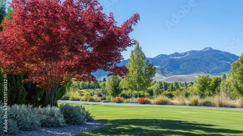 A vibrant landscape featuring a red tree, green grass, and mountains under a clear blue sky.