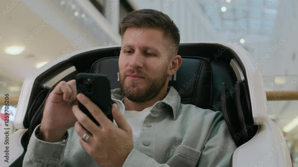 Medium shot of Caucasian man using his smartphone while relaxing in massage chair indoors Medium shot of Caucasian man using his smartphone while relaxing in massage chair indoors
