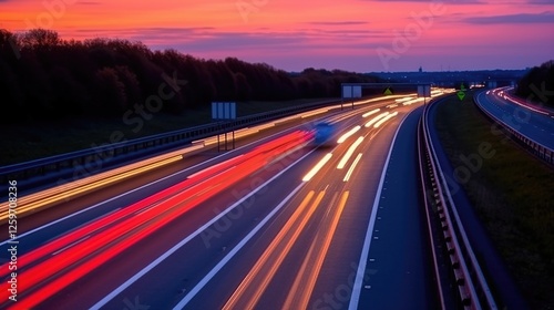Sunset Highway with Light Trails of Cars in Motion