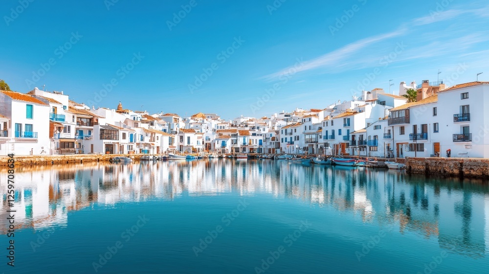 Obraz premium Mediterranean, harbor, tradition, A picturesque coastal scene featuring whitewashed houses reflecting in calm turquoise waters under a clear blue sky.