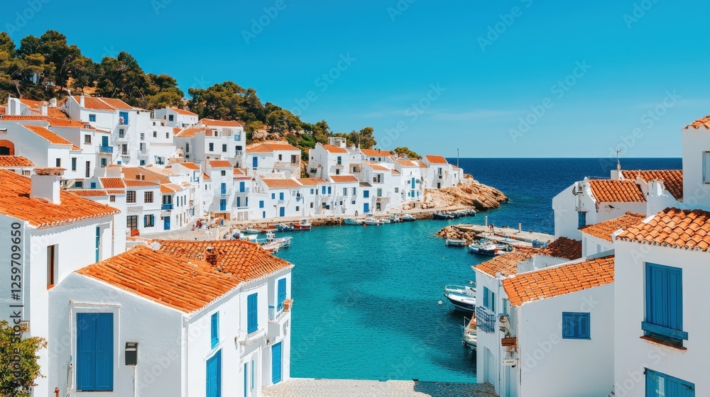 Obraz premium Mediterranean, harbor, tradition, A picturesque coastal village with white houses and orange roofs, nestled by a clear blue sea under a bright blue sky.