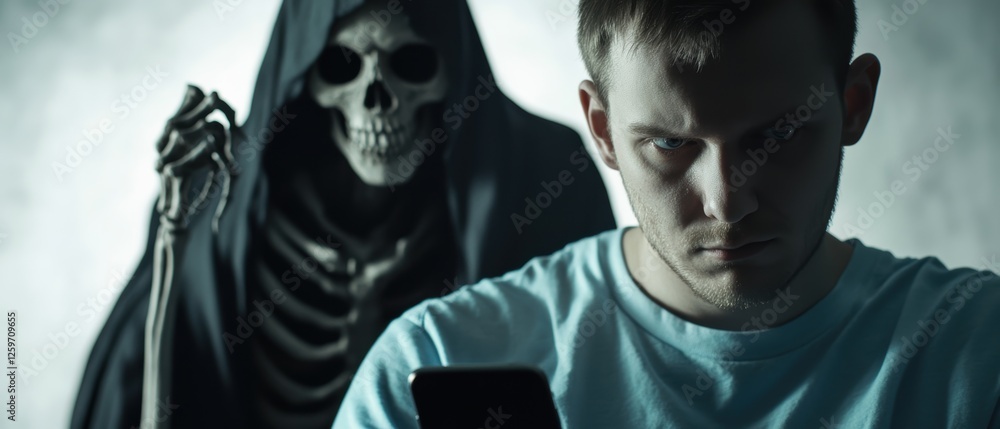 Man Using Smartphone While Grim Reaper Looms in Background, Capturing Themes of Fear, Technology, and Mortality in Dark Atmosphere Man Using Smartphone While Grim Reaper Looms in Background, Capturing Themes of Fear, Technology, and Mortality in Dark Atmosphere
