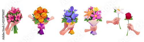Hand hold bouquet set - various floral arrangements with roses, daisies and spring blossoms. Cartoon illustrations of palms grasping flower bunches. Gift presentation with green stems and blooms.