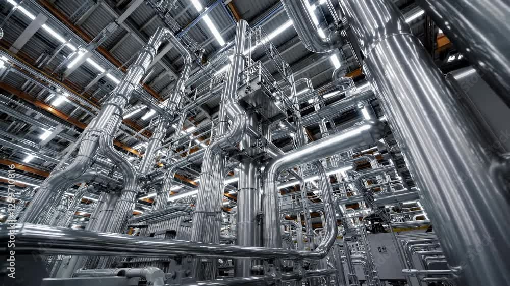 Futuristic industrial setting with metallic pipes, captured from a low-angle. The video style emphasizes symmetry and complexity. Futuristic industrial setting with metallic pipes, captured from a low-angle. The video style emphasizes symmetry and complexity.